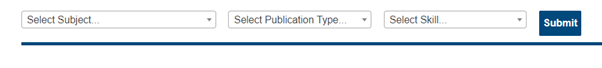 Three selection boxes used for searching the professional directory. First is to select subject, second is to select publication type, and the third to select skill. They do not all have to be completed.