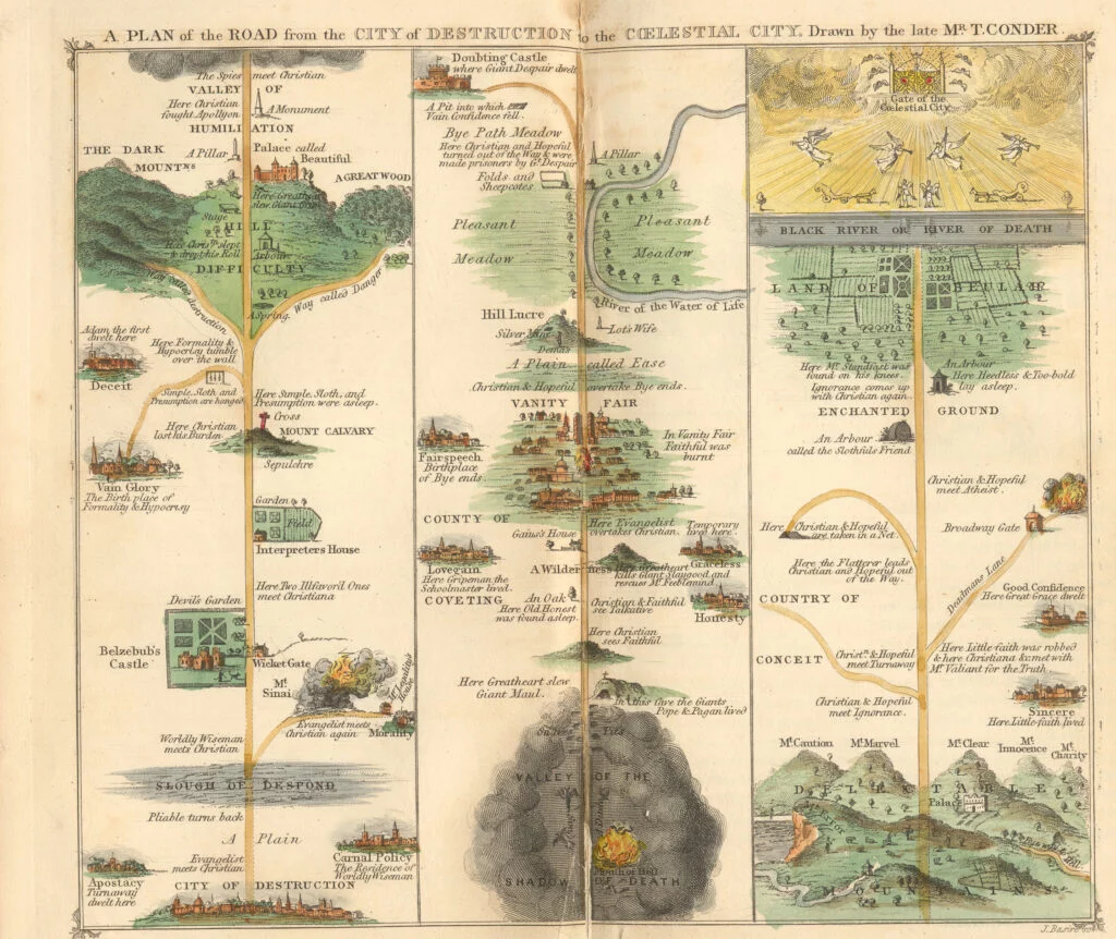 Pilgrim's Progess colour map published 1844 based on 1744 engraving by Thomas Conder