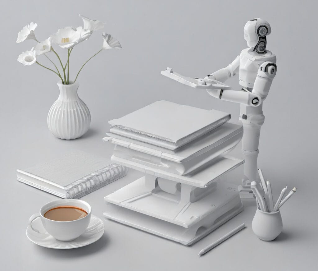 A small humanoid robot surrounded by desk stationery and a cup of tea. Mostof the image in shades of white